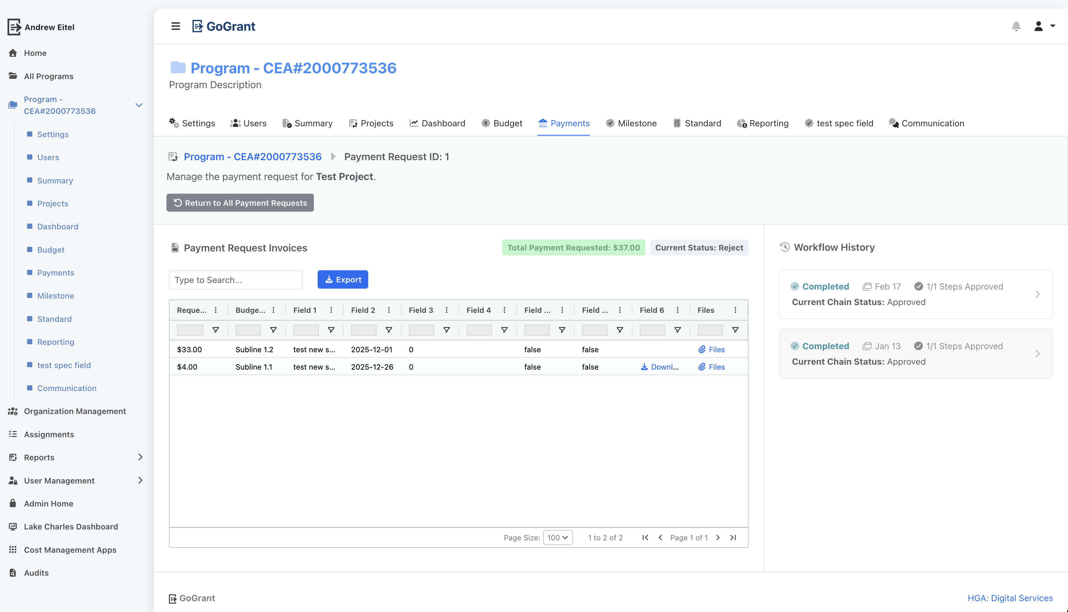 GoGrant payments screen